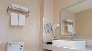 Une salle de bain équipée de toilettes, d’un lavabo, d’un porte-serviettes et d’un miroir.