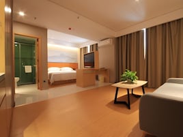 Una habitación de hotel con cama, escritorio, televisor, planta y zona de ducha.