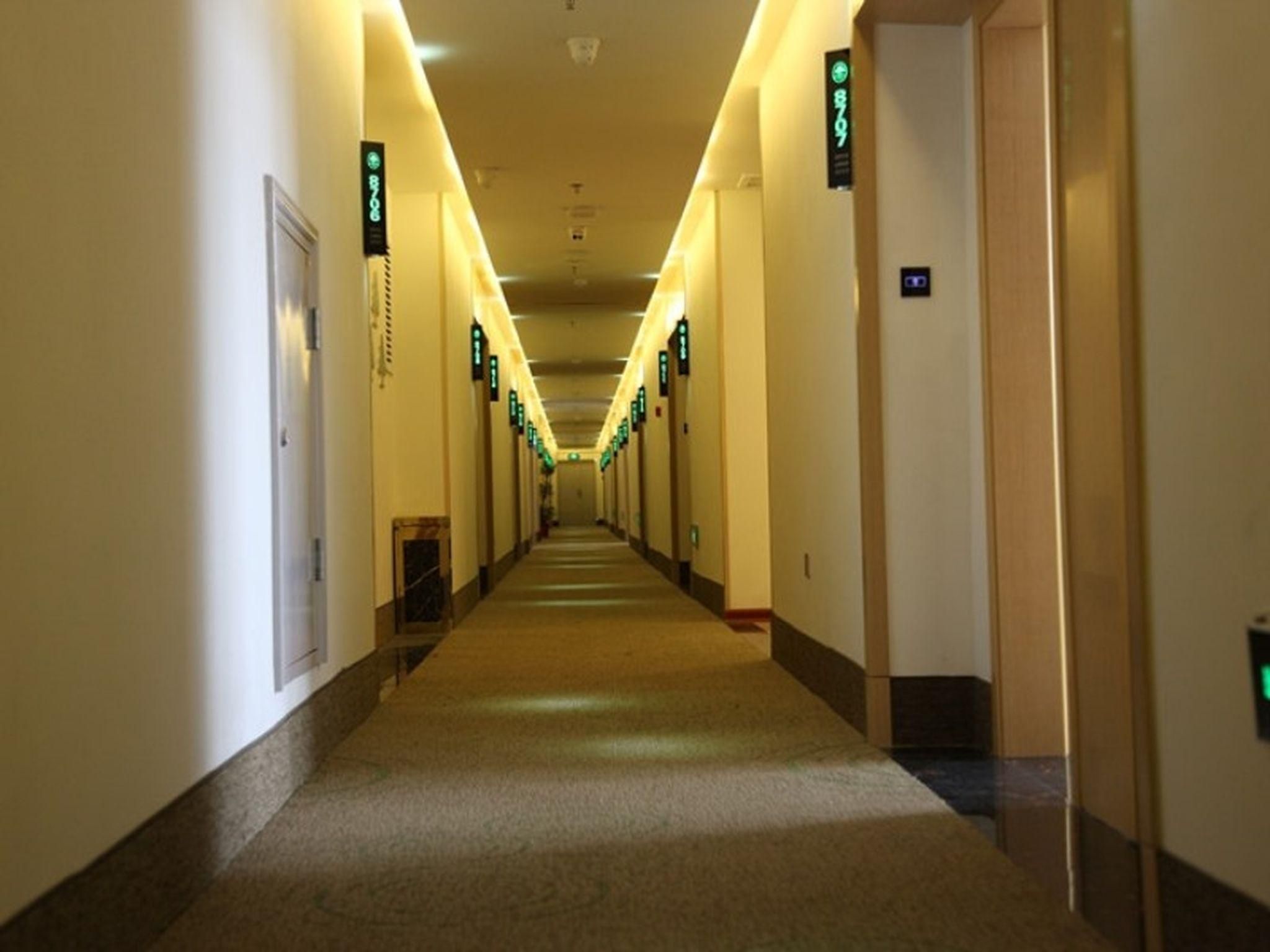 Un largo y estrecho pasillo de hotel con puertas a ambos lados, cada una identificada con un letrero verde que muestra los números de habitación.