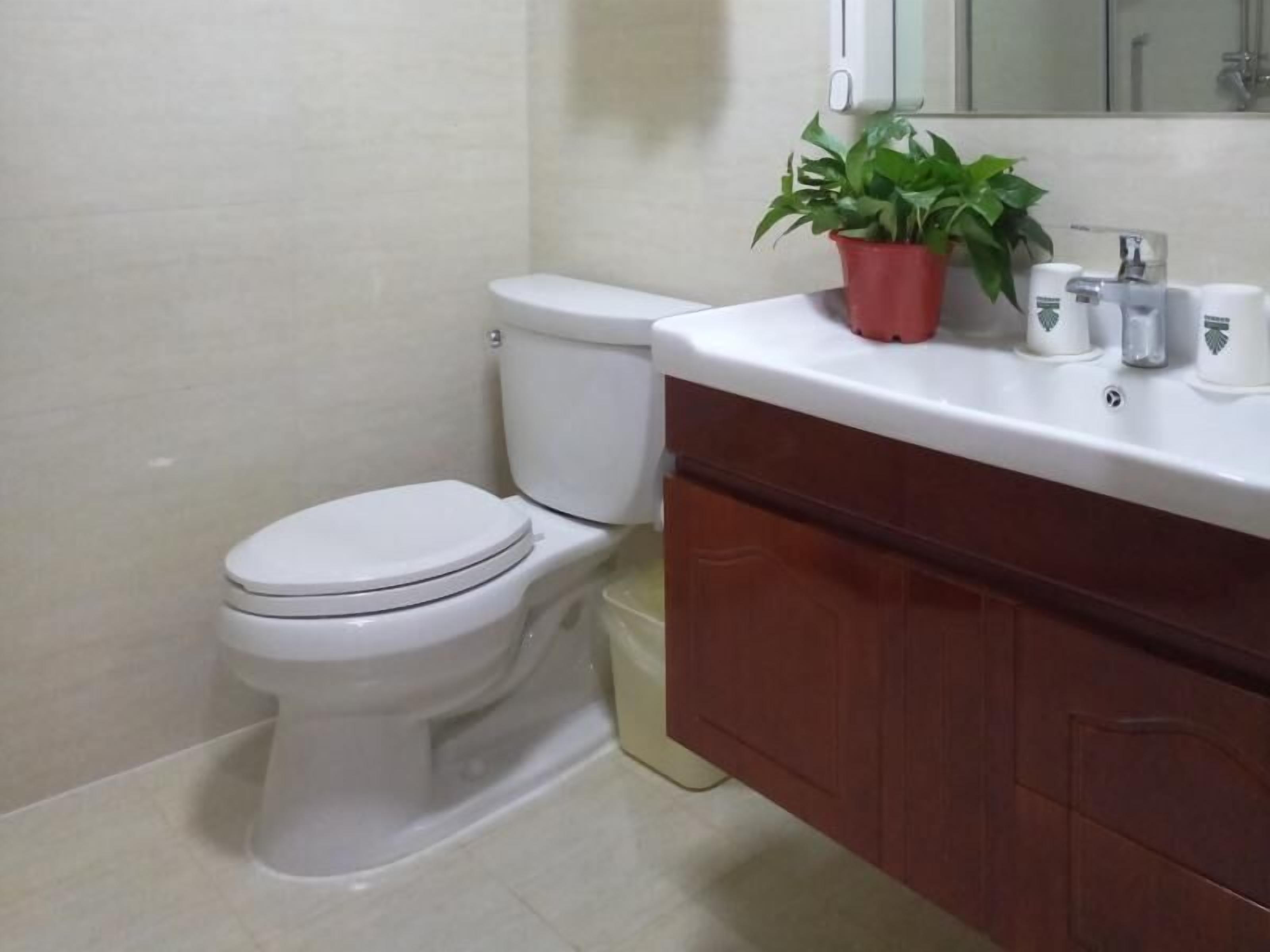 A bathroom with a white toilet, a wooden cabinet, a sink with toiletries, and a potted plant.