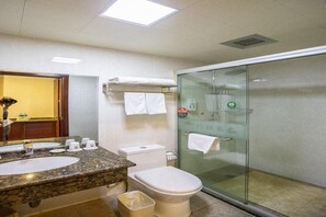 Une salle de bain avec un lavabo sur un plan de travail en granit, des toilettes et une douche à parois de verre.