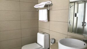 Ein Badezimmer mit Toilette, Waschbecken und Dusche.