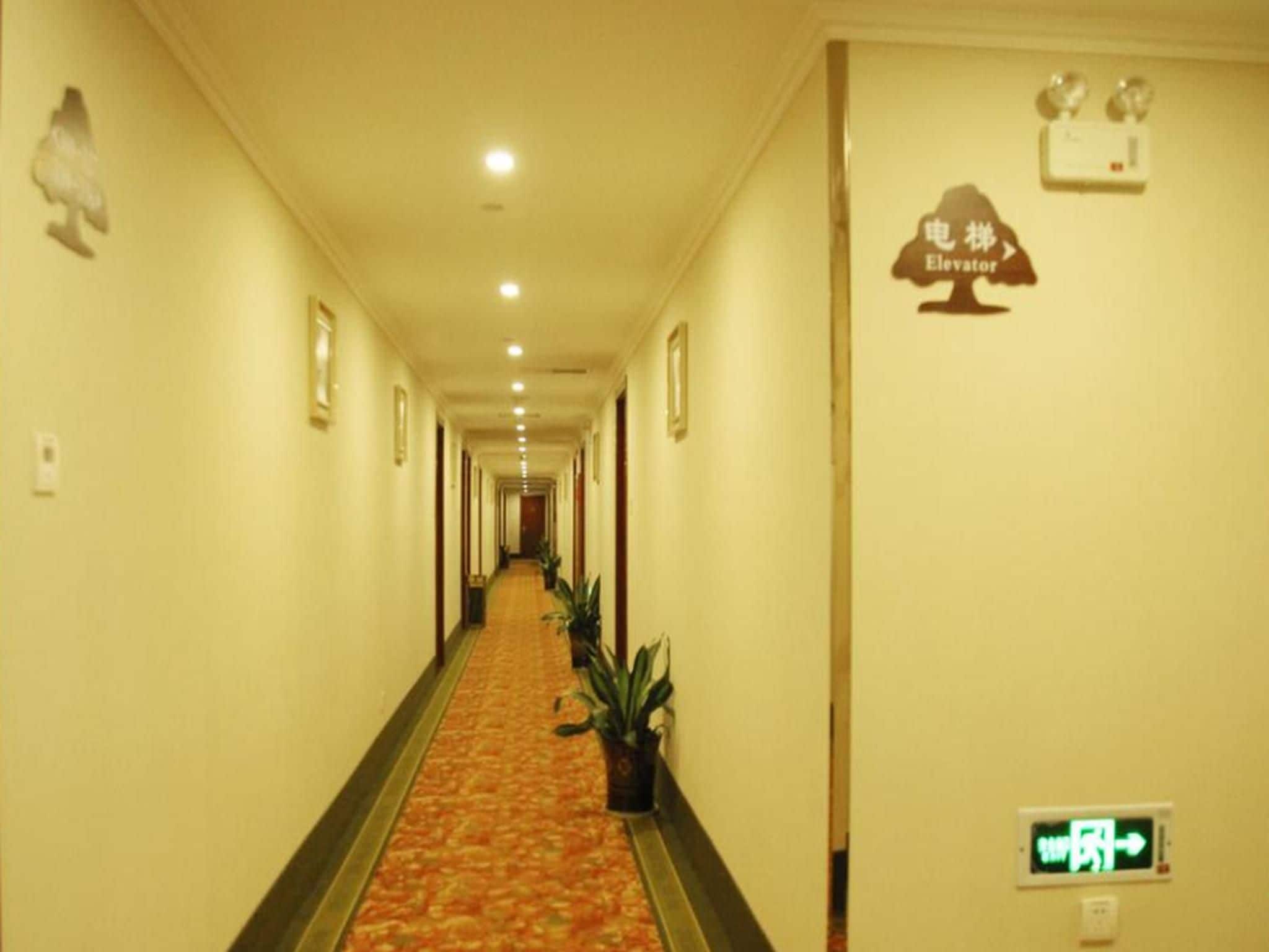 A hotel hallway with a carpeted floor, potted plants, and a sign indicating an elevator.