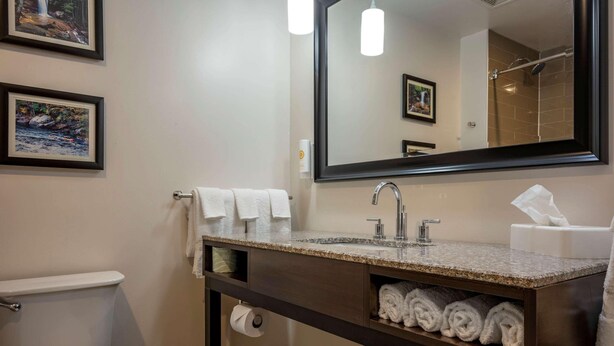 A bathroom with a toilet, sink, and mirror. There are towels and a toilet paper roll visible. - Comfort Inn Connellsville Riverview (Connellsville)