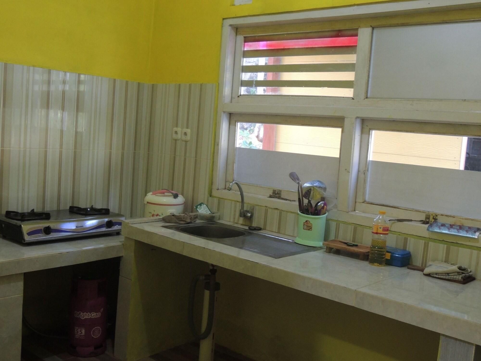 A kitchen with a gas stove, sink, window, and a gas cylinder.