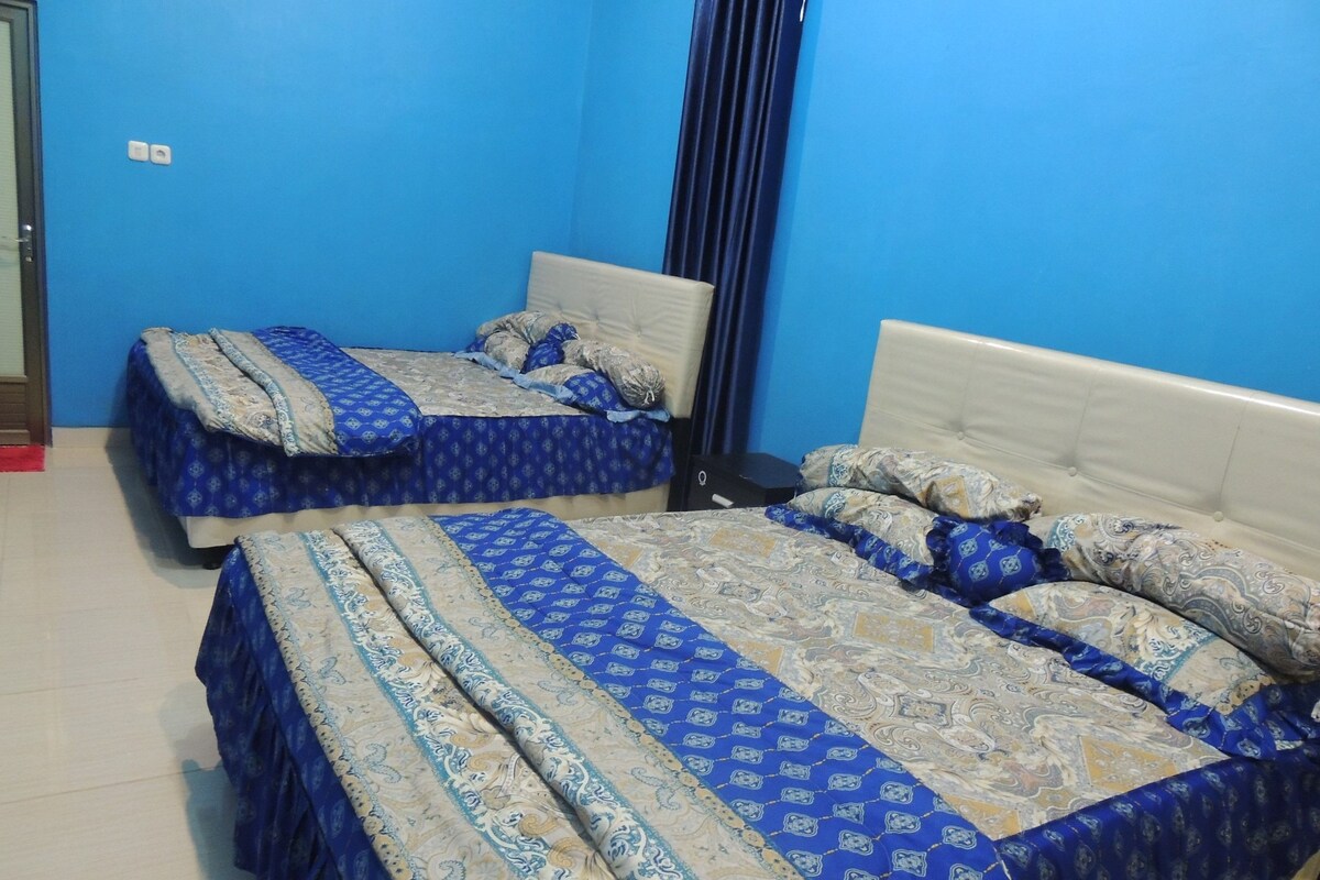 Dos camas individuales con cabeceras, una pared azul y un techo blanco.