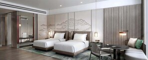 A modern hotel room with two beds, a sitting area, and a desk. - Hualuxe Qingdao Licang, an IHG Hotel (Qingdao)