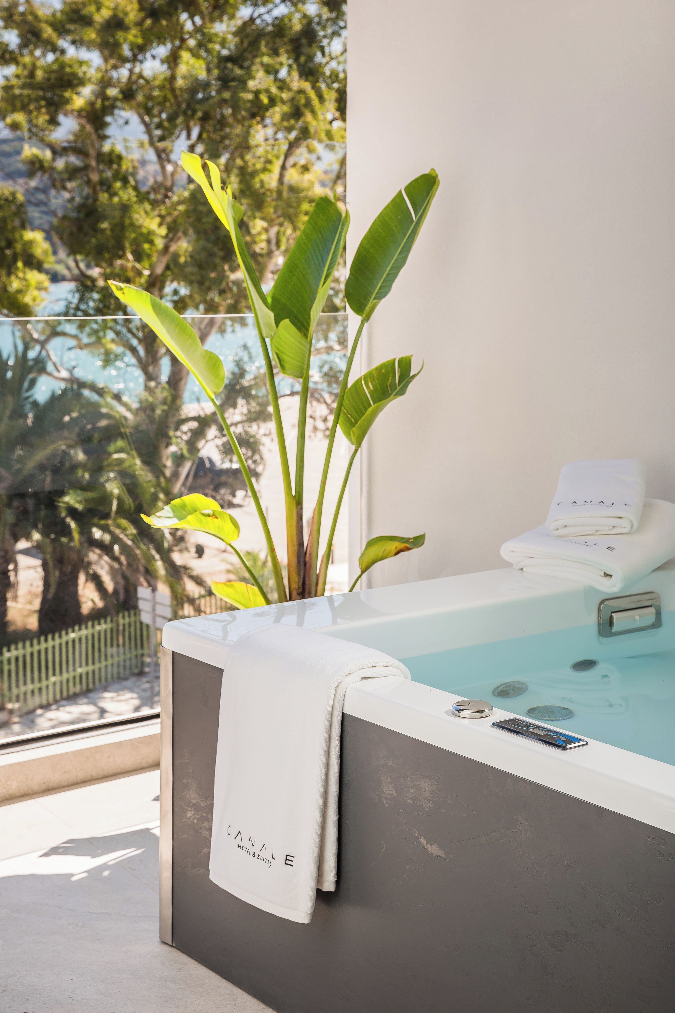 Un espace bien-être comprenant une baignoire, une serviette et une plante.