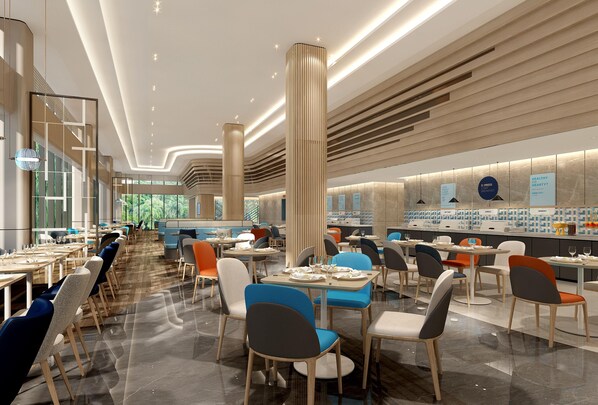 A modern restaurant with high ceilings, vertical light fixtures, and a variety of seating arrangements. - Holiday Inn Express Yibin (Yibin)
