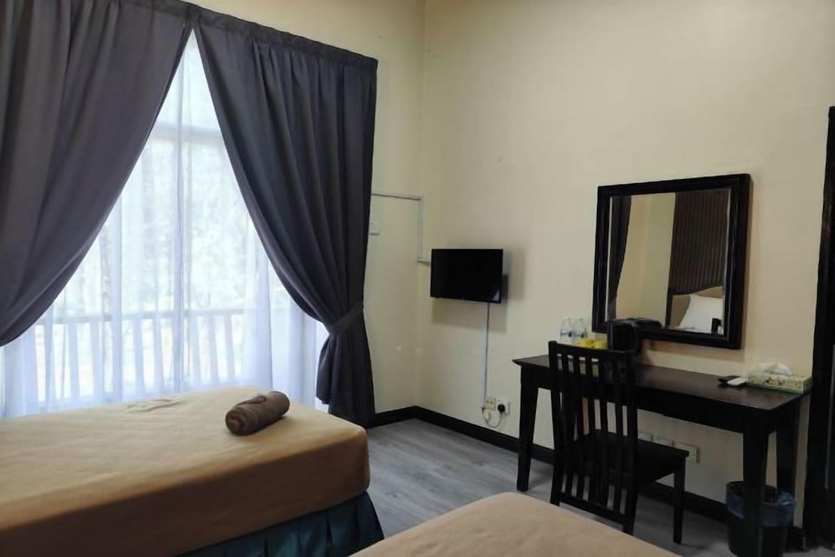 A hotel room with a bed, a desk, a chair, a TV, and a mirror.