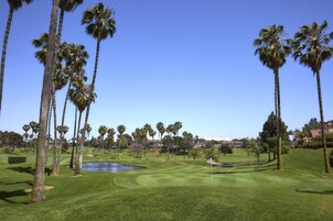 Un campo de golf con palmeras, un estanque y un cielo azul despejado.