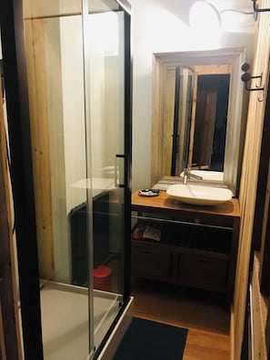 Dusche, Haartrockner, HandtĂŒcher, Toilettenpapier