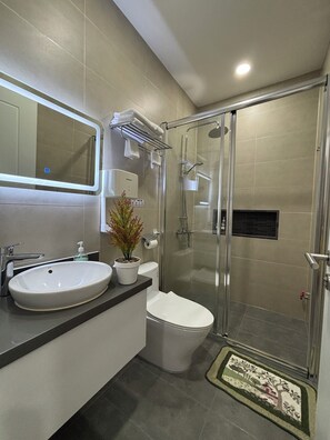 Regadera, secadora de cabello, bidet, toallas 