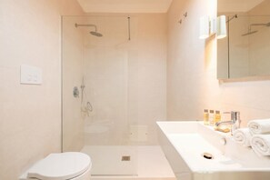 Shower, bidet, towels, shampoo