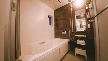 Hair dryer, towels, soap, toilet paper
