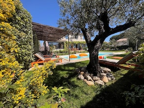 Area piscina con sedie a sdraio, un pergolato e un grande albero.