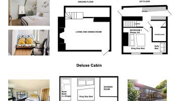 A main cottage with a ground floor living and dining room, a first floor bedroom with a king-size bed, and a deluxe cabin with bunk beds and a kitchenette.