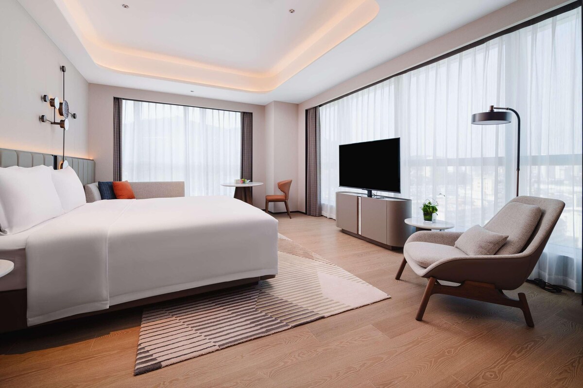 Une chambre d’hôtel moderne équipée d’un grand lit, d’une télévision, d’un bureau et d’une chaise.