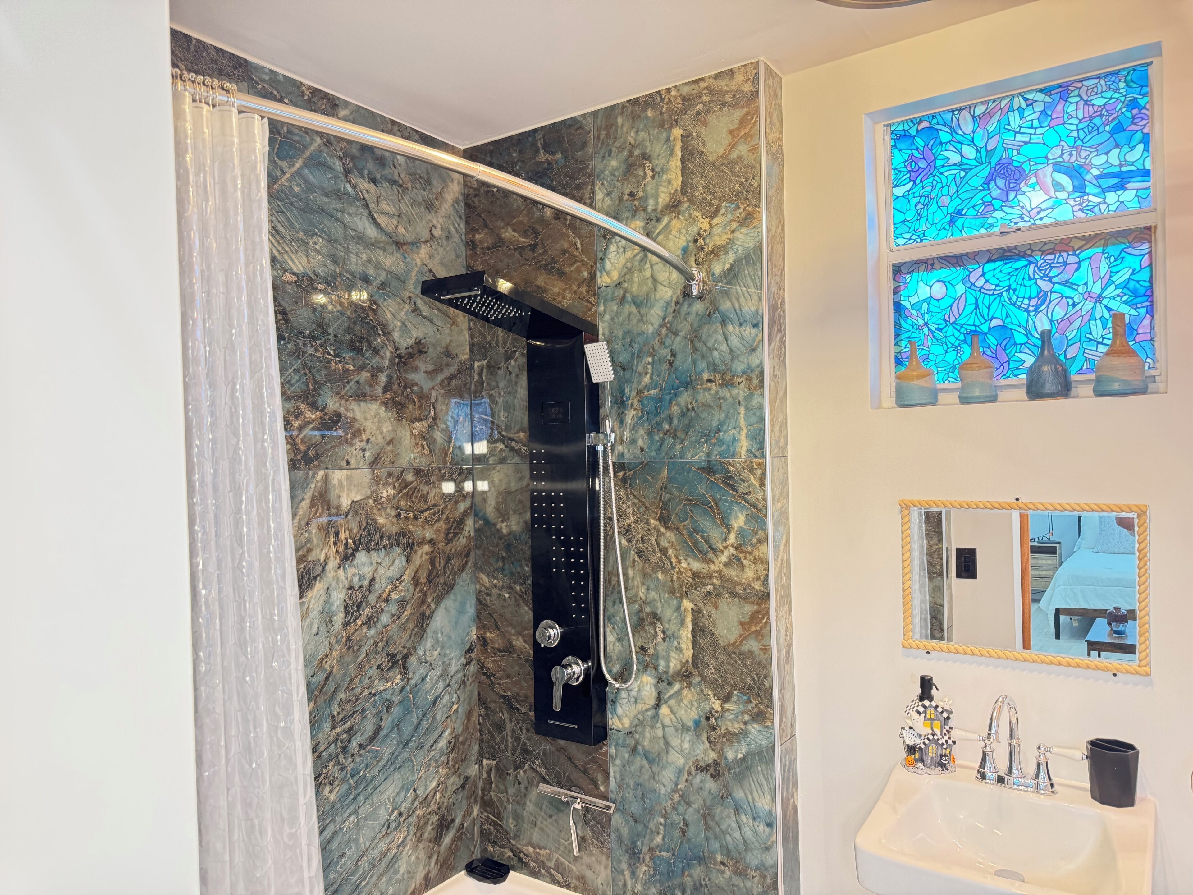 Hair dryer, towels, soap, shampoo