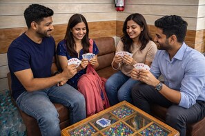 Four people playing cards on a brown leather couch with a glass table in front of them. - Hotel Relax Kurla  (Mumbai)