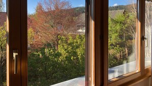 Una habitació amb finestres grans, una porta de fusta i vista a arbres i cases.