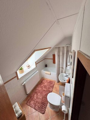 A compact, triangular attic bathroom with a window, a bathtub, a toilet, and a sink. - Riding & recreation in the Weserbergland (Salzhemmendorf)