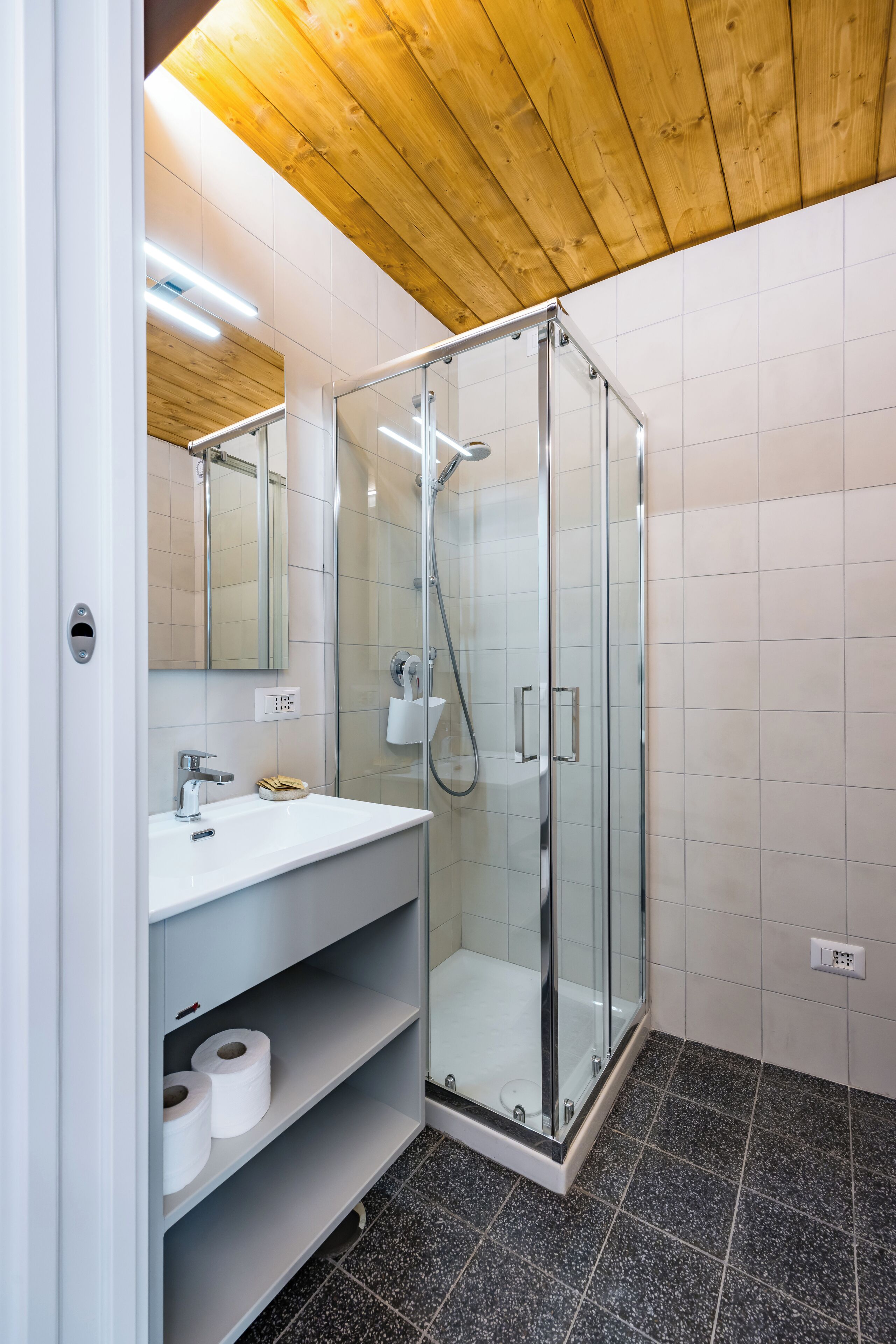 A modern bathroom with a glass shower enclosure, a white sink with a mirror, and a shelf with toilet paper.