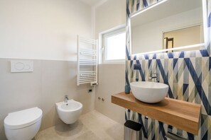 Shower, bidet, towels, shampoo