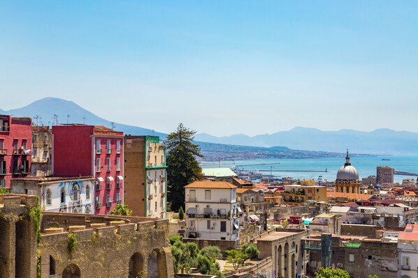 A coastal cityscape with historic buildings, a prominent dome, and a mountain in the background. - Montemiletto a Panoramic Nest by Napoliapartments (Naples)