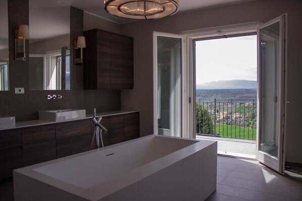 Shower, bidet, towels, shampoo