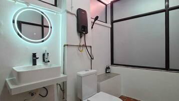 Shower, hair dryer, bidet, towels