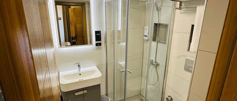 A modern bathroom with a glass-enclosed shower, a sink with a vanity, and a toilet.