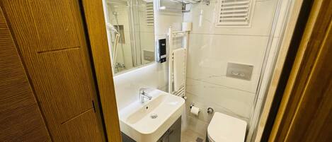 A compact bathroom with a sink, toilet, and a glass shower enclosure.