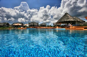 Outdoor pool, pool umbrellas, pool loungers