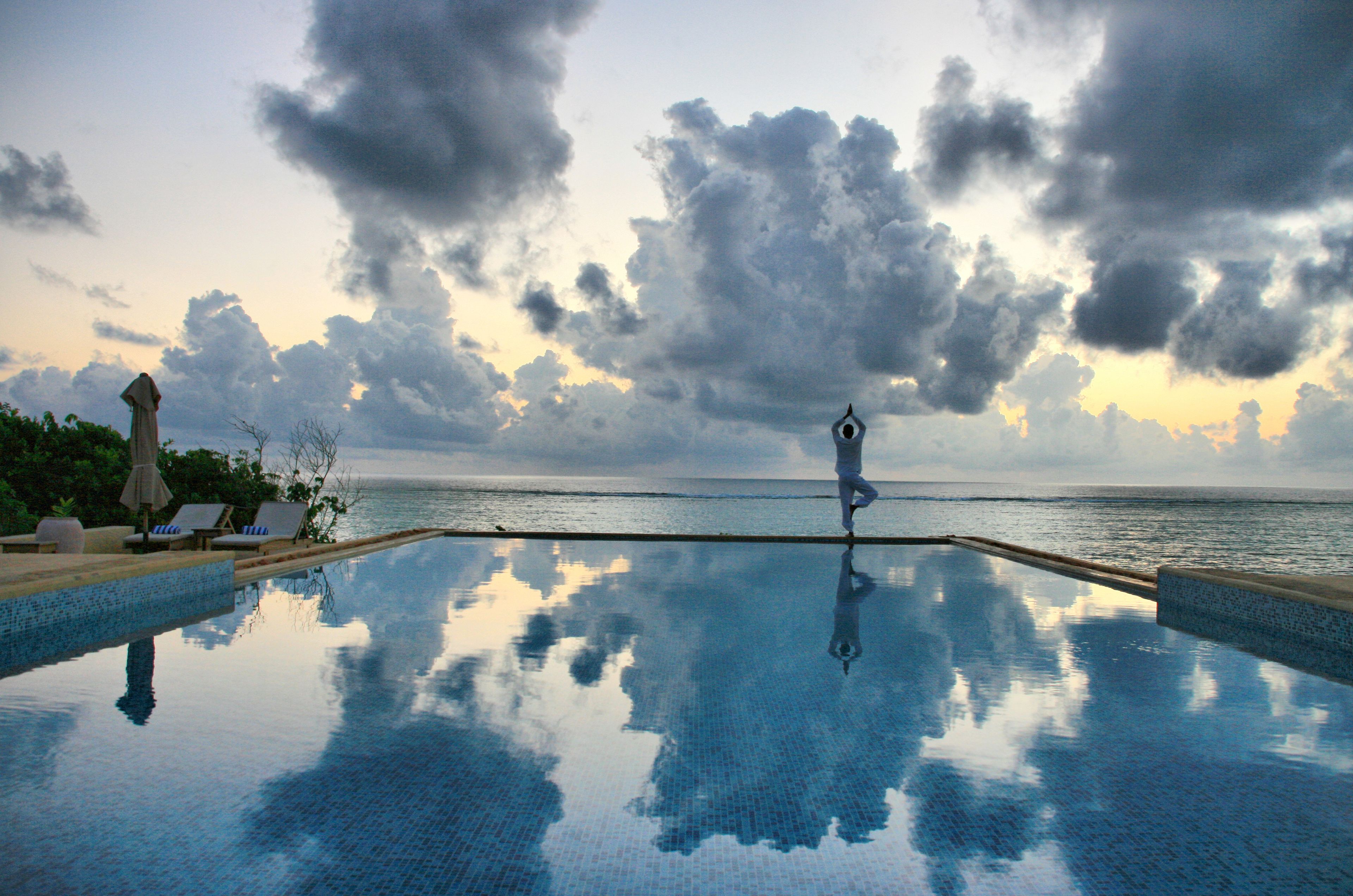 outdoor pool, pool umbrellas, pool loungers