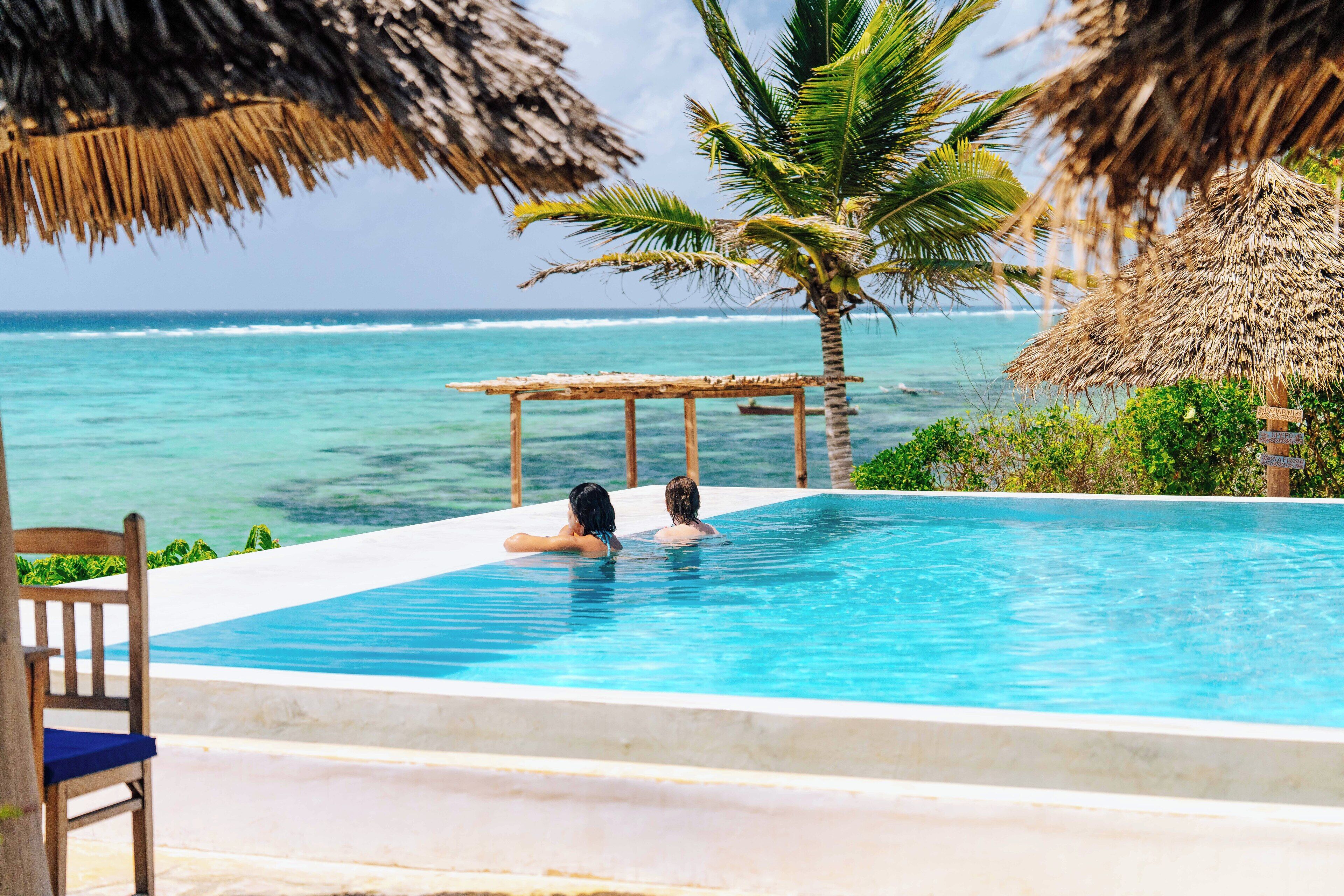 Outdoor pool, pool umbrellas, pool loungers