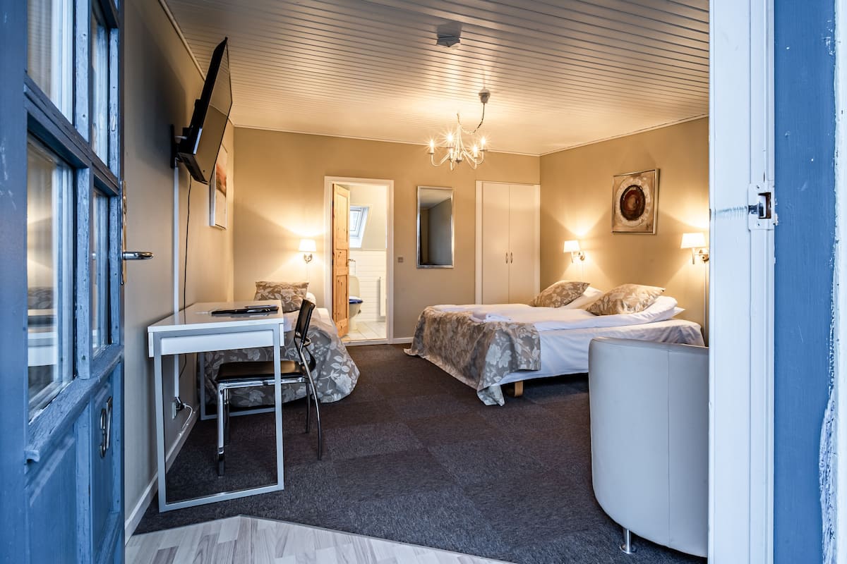 A bedroom with a bed, a desk, a chair, a wardrobe, and a mirror.