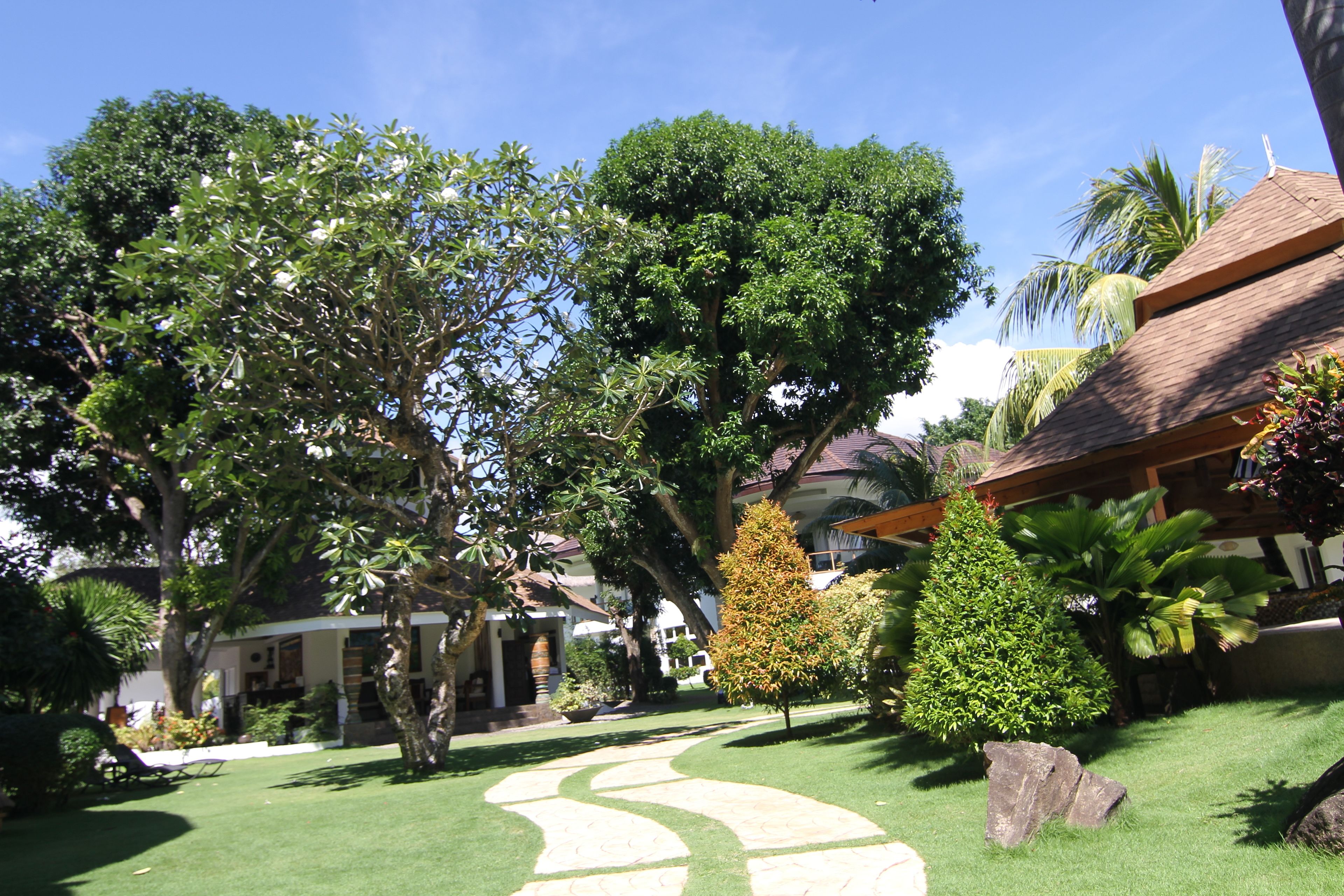 A well-maintained garden with a winding pathway, large trees, and a building with a tiled roof.