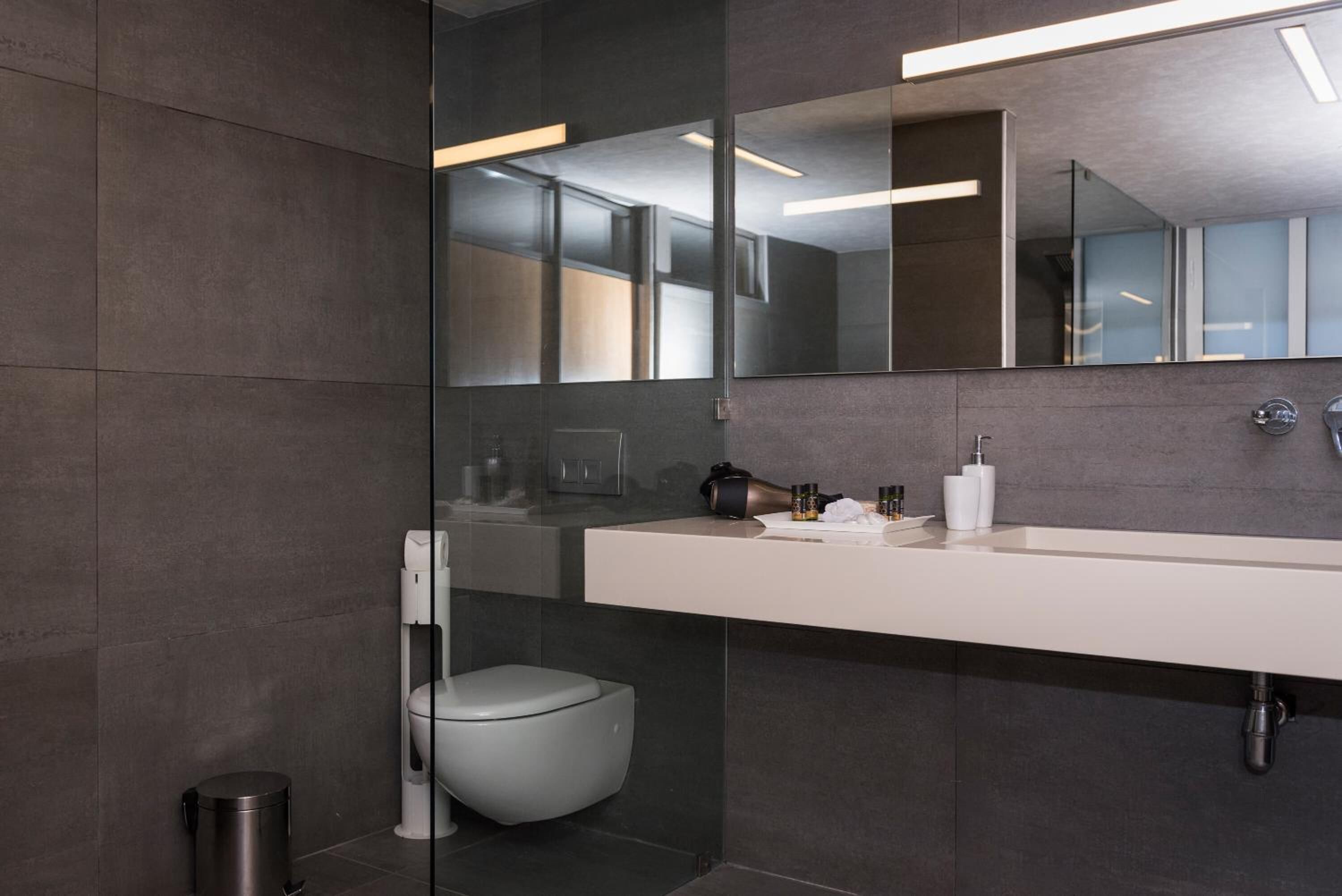 A modern bathroom with a glass shower enclosure, a toilet, and a vanity with a mirror.
