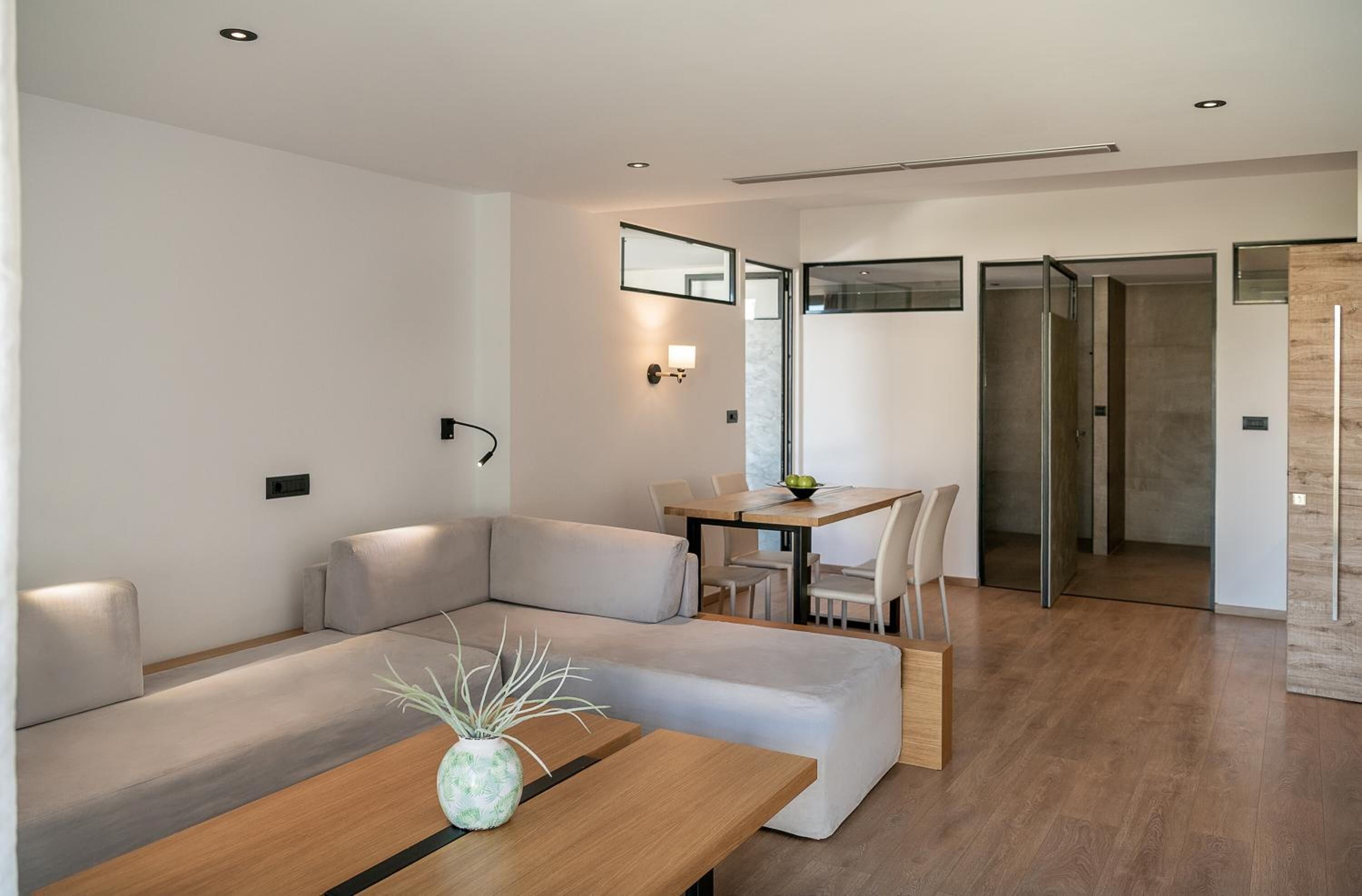 A modern living room with a sofa, a dining table, and a glass door leading to a shower area.