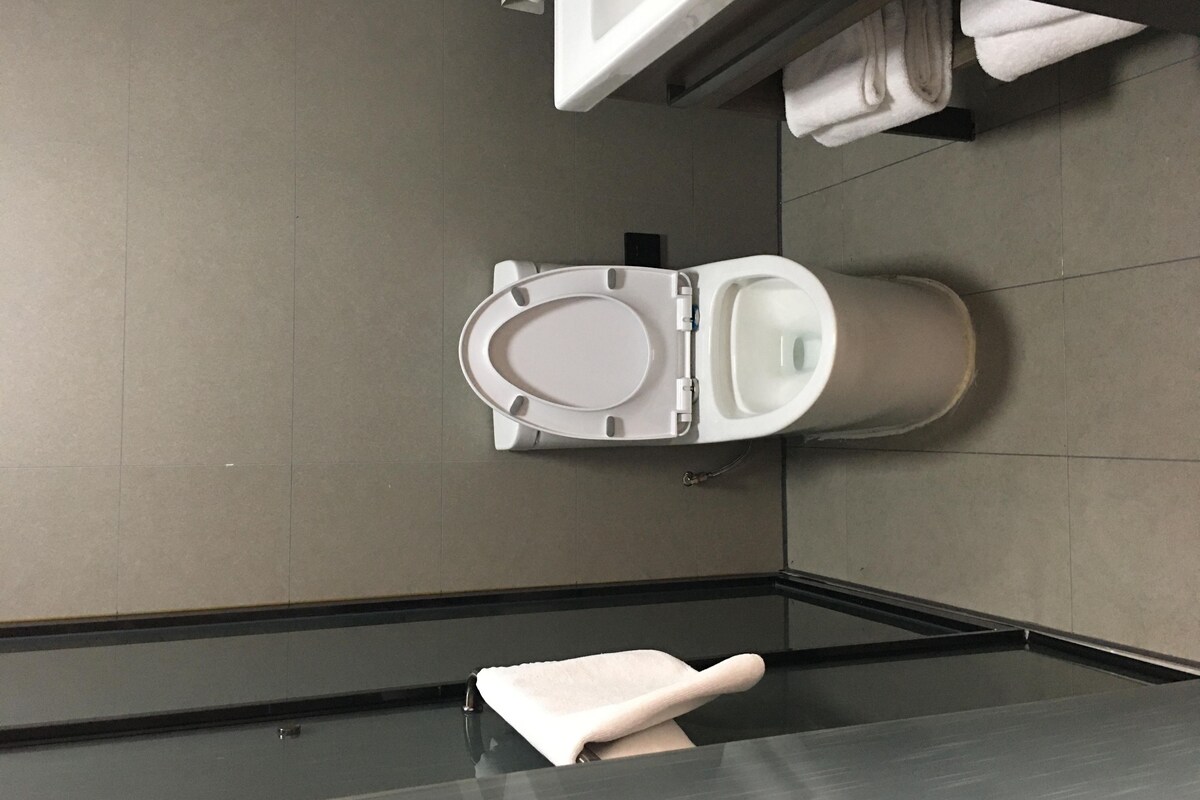 A modern bathroom with a toilet, a sink, and a glass shower enclosure.