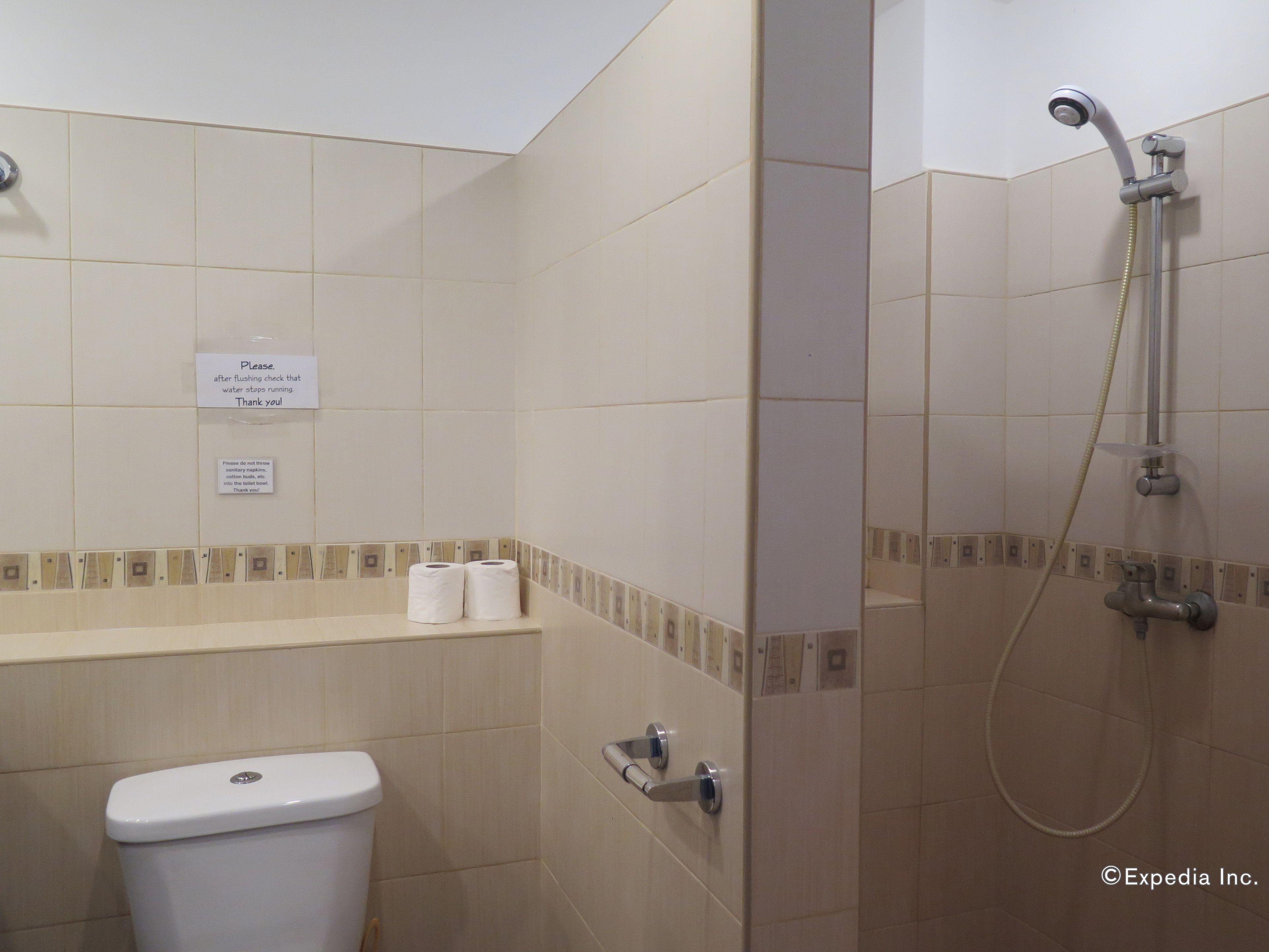 Ein Badezimmer mit Toilette, Dusche und zwei Toilettenpapierrollen auf dem Waschtisch.