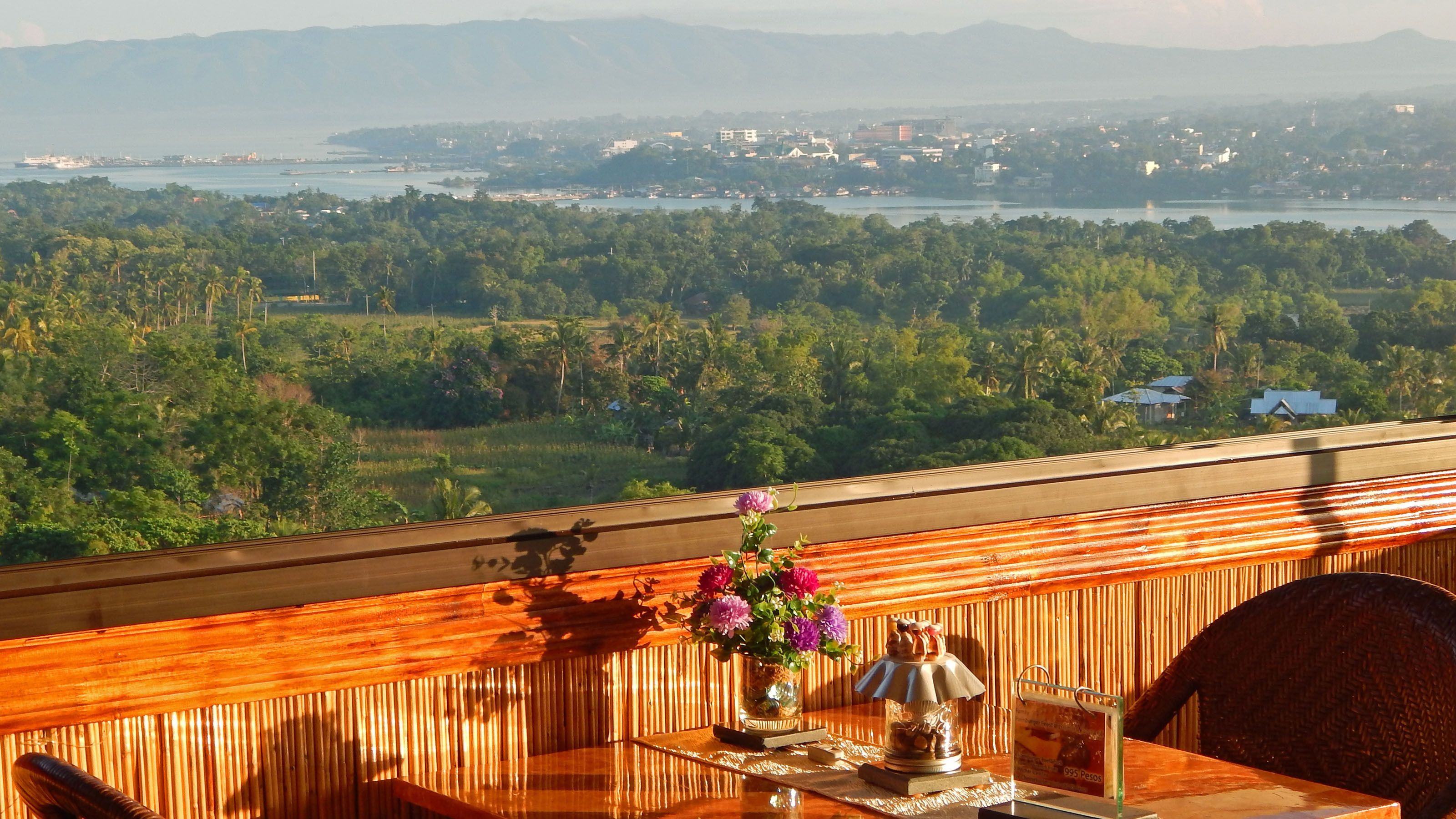 Une table ornée d’un vase de fleurs, d’une lampe et d’un menu, placée sur un balcon offrant une vue panoramique sur la ville et les montagnes.