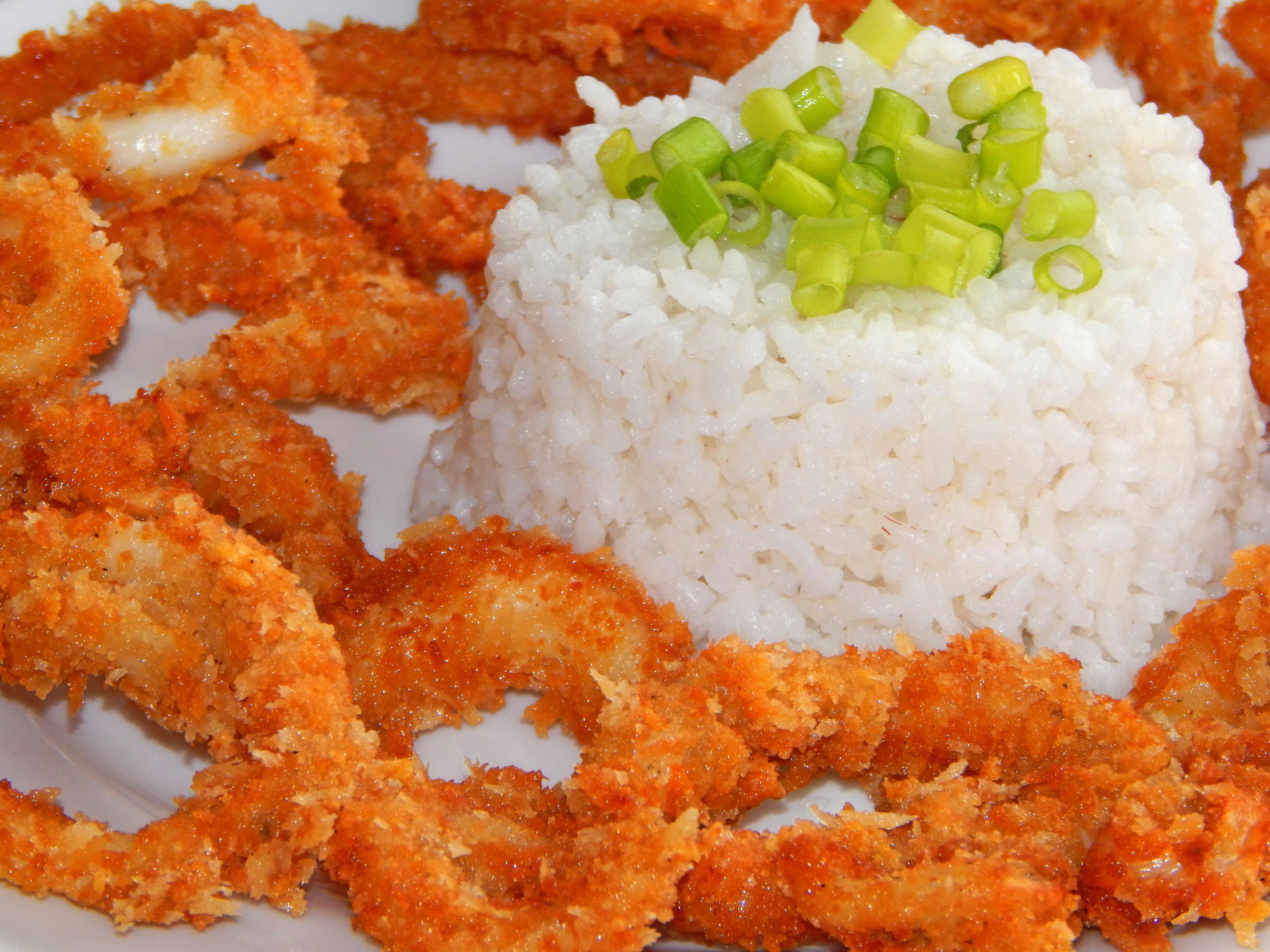 A plate with white rice topped with green onions, surrounded by breaded and fried food pieces.