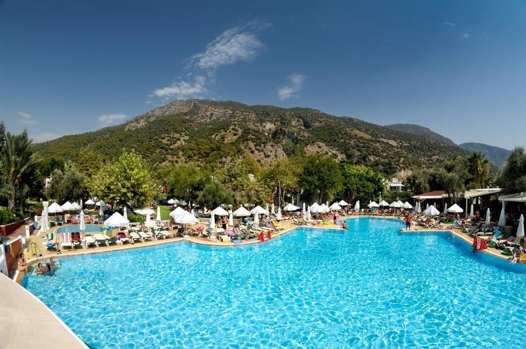 A swimming pool with lounge chairs and umbrellas, surrounded by greenery and mountains in the background.