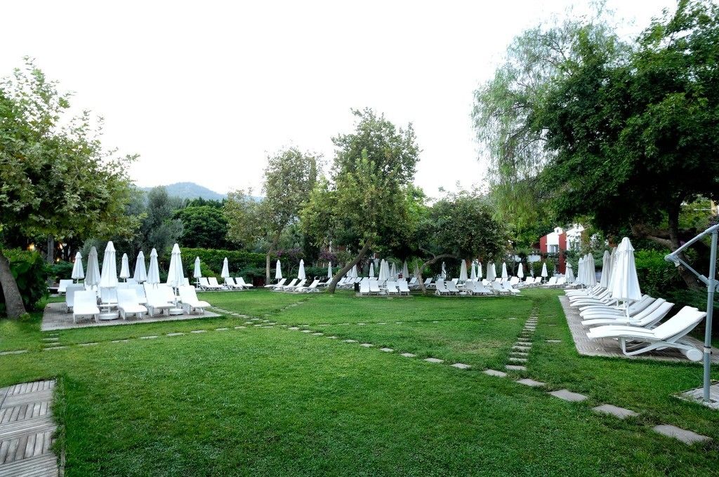 Un jardín con hileras de sillones blancos y sombrillas, rodeado de árboles y una montaña al fondo.
