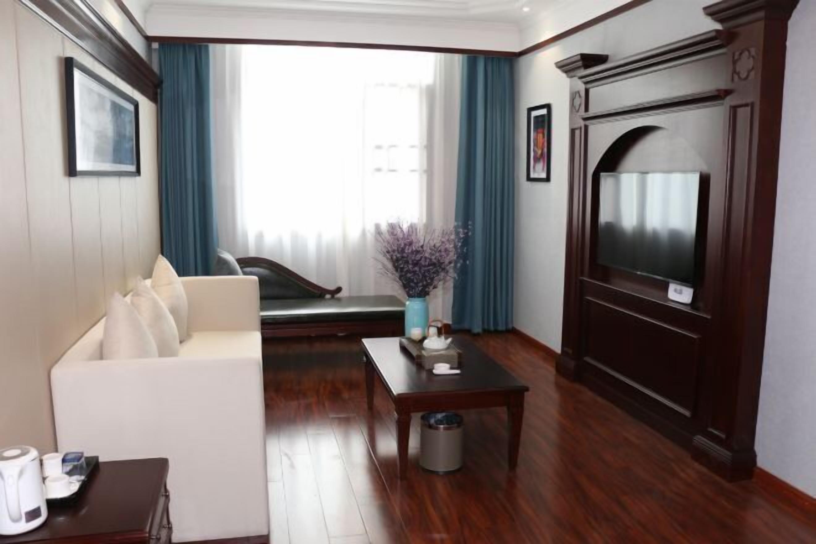 Habitación de hotel con sofá, una mesa de centro, televisión y ventana con cortinas.