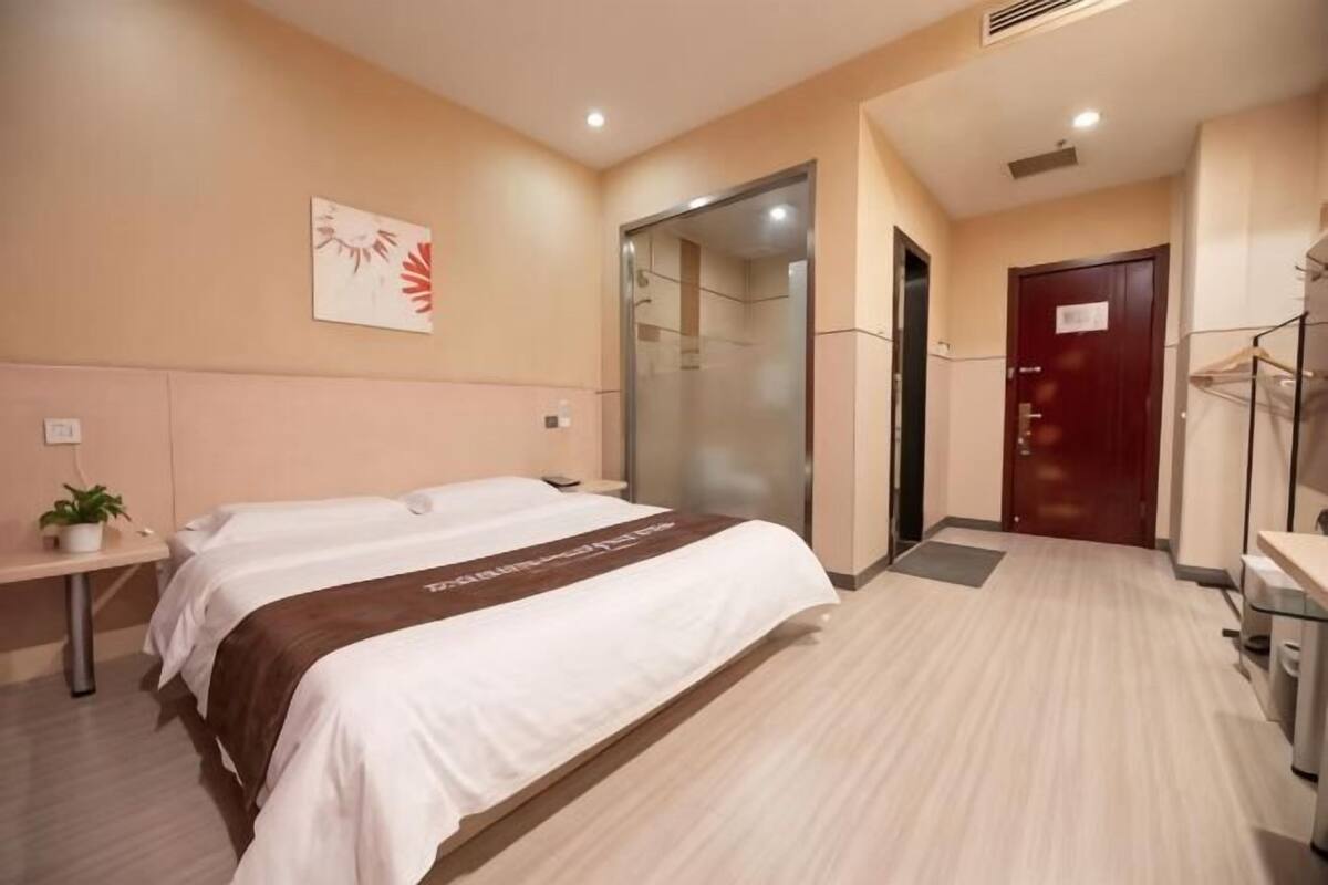 Habitación de hotel con cama, mesita de noche, planta en maceta y puerta hacia el baño.