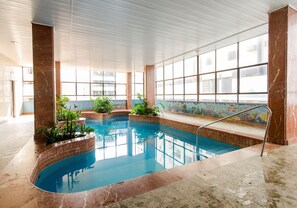Indoor pool, outdoor pool, sun loungers