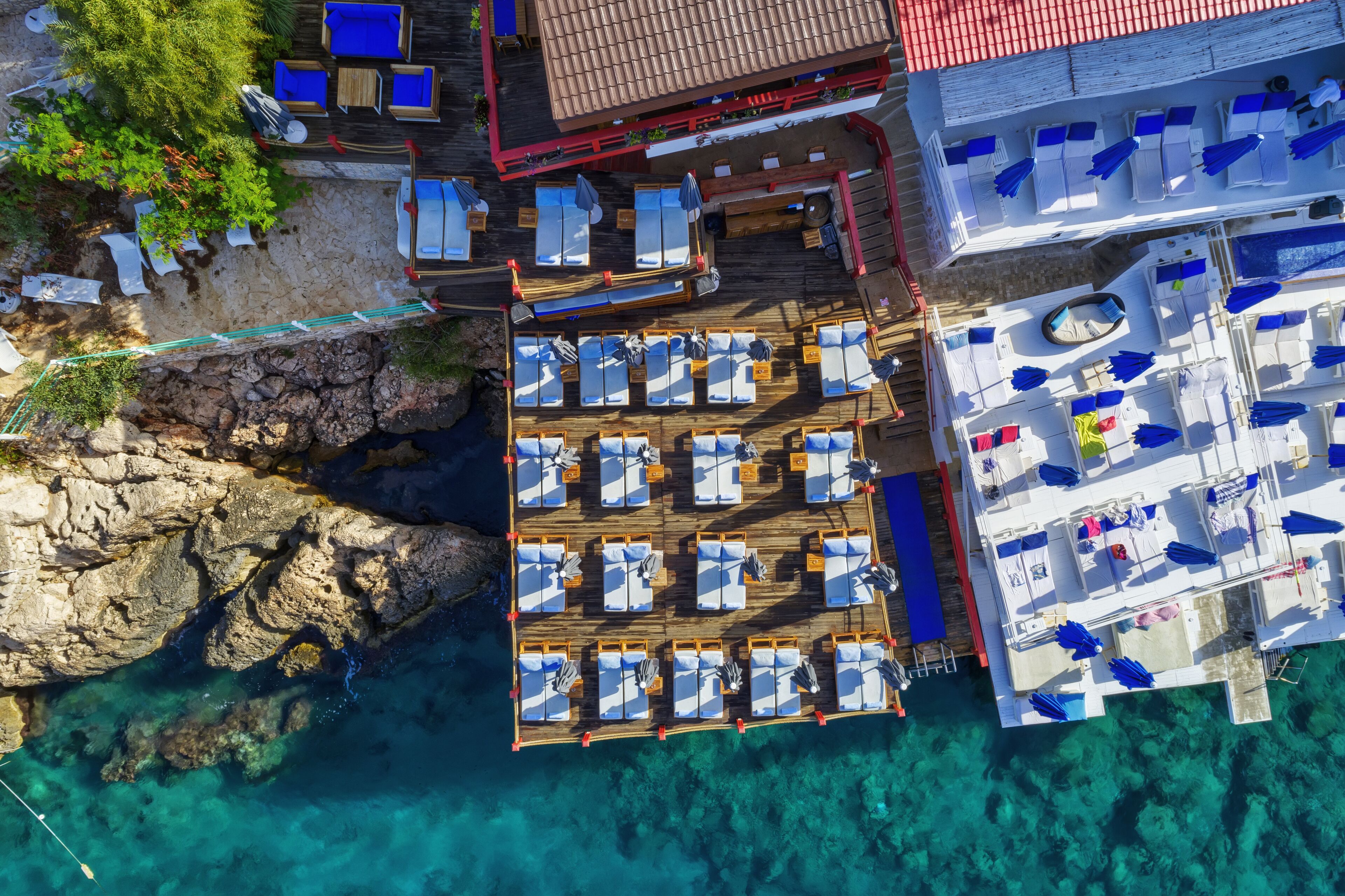 sun-loungers, beach umbrellas, beach towels, beach bar